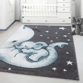 Ayyildiz Teppiche Kinderteppich "Kids 560" rechteckig 12 mm Höhe auch in rund, Elefanten Baby Sterne, Kurzflor, blau