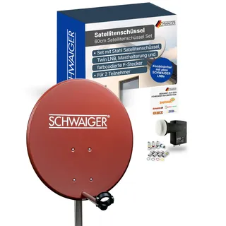SCHWAIGER Satellitenschüssel Komplettset - Ø 60 cm Stahl Offset Antenne in Rot - Inkl. sonnengeschütztes Twin LNB - Digital HD & 4K Empfang - Hitzebeständig & wetterfest