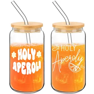 FloralGrace 2 Stück Aperol Gläser, Glas mit Deckel und Strohhalm,Holy Aperoly, Aperol Geschenke Frau,für Cocktails,Aperol Geschenke,Aperol Spritz Gläser Geschenkset