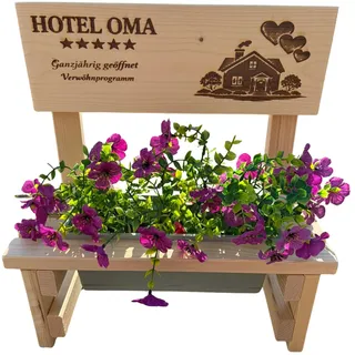 KlaSa Kreativwerkstatt Blumenbank aus Holz mit Gravur,Dekorative Pflanzbank mit Blumenkasten,Geschenk für Mama,Oma,Opa–Gartenbank für Balkon&Terrasse, Outdoor Muttertag (Hotel Oma)