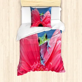 ABAKUHAUS Tier Mantele, Frosch auf Gabera Blume, Milbensicher Allergiker geeignet mit Kissenbezügen, 135 cm x 200 cm - 80 x 80 cm, Rosa-Grün-Blau - Rosa