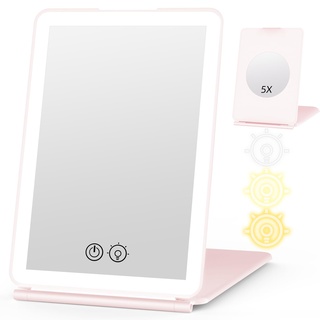 WEILY Schminkspiegel mit Beleuchtung, Kosmetikspiegel mit 5X Vergrößerung, 3 Farben Dimmbarer Touchscreen schminkspiegel mit licht, USB Wiederaufladbarkeit Make up Spiegel für Reisen(Rosa)