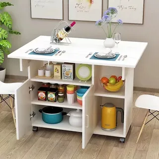 BAKAJI Esstisch mit Regalen, platzsparend, mit Regalen, Stauraum, mit Türen, Rädern, Mehrzweck-Schreibtisch aus MDF-Holz, modernes Design