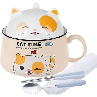 lachineuse - Ramen Schüssel Kawaii Katze mit Deckel - Cat Time Ramen Bowl 1020 ml - Nudelsuppe Schüssel - Nudelschüssel Schale - Müslischalen mit Henkel - Farbe Gelb