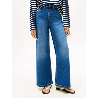 High-waist-Jeans TOMMY HILFIGER "DNM FLO WIDE LEG HW", Damen, Gr. 33, Länge 32, blau (mid blau), Denim/Jeans, Obermaterial: 100% Baumwolle, unifarben, weit, Jeans High-waist-Jeans