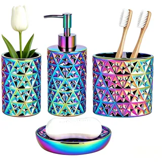 Buntes Badezimmer-Zubehör-Set, 4-teiliges Keramik-Geschenkset, Apartment-Notwendigkeiten, Zahnbürstenbecher, Seifenschale für dekorative Arbeitsplatte und Einweihungsgeschenk.