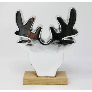 Elchkopf in silber stehend auf Holz Dekofigur Glatt poliert h 17cm
