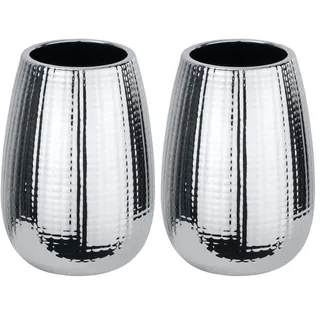 WENKO Zahnputzbecher Dakar Keramik - Zahnbürstenhalter für Zahnbürste und Zahnpasta, Keramik, 8.3 x 11.6 x 8.3 cm, Chrom (Packung mit 2)