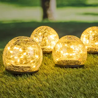 1.03 LED Solar Kugel Leuchten - 4er Set / aus Crackle Glas