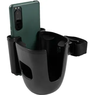 Zamboo Getränkehalter Kinderwagen & Buggy mit Handyhalter | Universal Flaschenhalter & Smartphonehalter | 360° drehbar, einfache Klettmontage – Schwarz