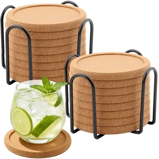 HONYUET 16 Stück Korkuntersetzer, 10 cm Gläseruntersetzer 1 cm Dick, Runde Untersetzer Kork mit 2 Metall-Ständern, Topfuntersetzer Holz für Küche, Esstisch, Gläser und Tassen