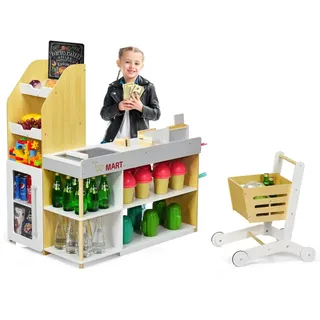 Goplus FANTASK Supermarket mit Einkaufswagen, Supermarkt aus Holz mit Tafel & Registrierkasse, inkl. Scanner & Kartenlesegerät & Kreditkarte & Münzen, Kaufmannsladen für Knder ab 3 Jahren
