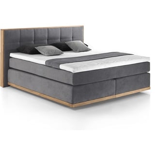 Mivano Levana Boxspringbett mit Sockel aus Eiche, 7-Zonen-Federkern, Matratzen H2/H3 + Topper Basic, Mikrofaser, Dunkelgrau, Liegefläche 160 x 200 cm