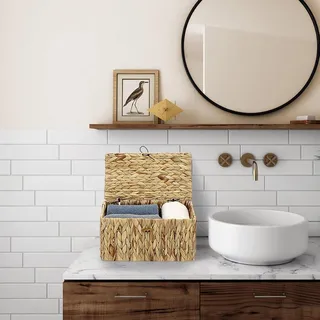 Natürlicher Aufbewahrungskorb aus Wasserhyazinthe, gewebte wasserdichte Aufbewahrungsbox mit Deckel für das Wohnzimmer, die Küche, den Kleiderschrank für Kleidung, Bücher, Gemüse, Kosmetik, 31 x 18 x 16 cm