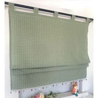 Vordesack Blickdichter Raffrollo mit Karo-Muster Landhausstil Gardinen mit Quasten-Kante Raffgardine mit Schlaufen Wohnzimmer Gardinenschal Küche 1 Stück Grün HxB 140x120cm