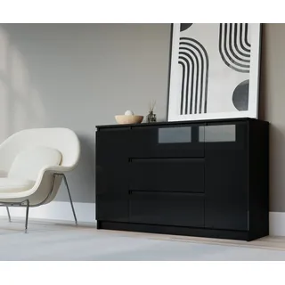 3xEliving DEMI 2D3S Kommode / Sideboard 120cm in Schwarz & Schwarz in Hochglanz - Schwarz