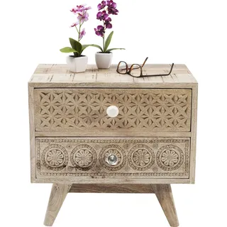 Kare Design Kommode Puro Klein, Nachttisch mit aufwendigen Schnitzereien, Nachtschrank aus Holz, Hellbraun (H/B/T) 46x50x35cm