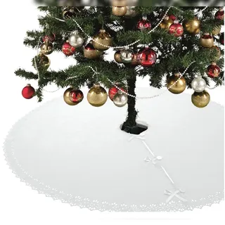 Wometo Weihnachtsbaumdecke Ø 120 cm in weiß – Christbaumdecke/Baumunterlage mit Satinbändern – romantisches Landhaus-Muster, gestanzter Rand –