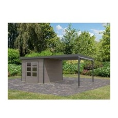 Karibu Gartenhaus Set Domingo D Wassergrau-Anthrazit mit Anbaudach 7 m2