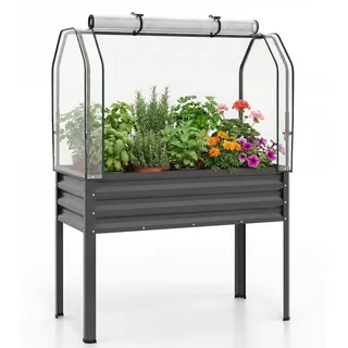 KOMFOTTEU Hochbeet mit PE-Abdeckung, erhöhtes Gartenbeet mit aufrollbarer Reißverschlusstür & Metallrahmen, ergonomische Kräuterbeet für Garten, Balkon & Terrasse, 112 x 55 x 152 cm, Schwarz - Grau