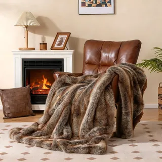 FANTASK warme Felldecke, Luxus Kunstpelz-Decke, Kuscheldecke für Damen, Sofadecke, Überwurfdecke Farbewahl, Couchdecke für Bett, Sofa, Sessel (Braun-Taupe, 153 x 203 cm)