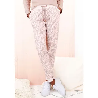 Loungepants LASCANA, Damen, Gr. 36/38, N-Gr, beige (nougat, beige), Sweatware, Obermaterial: 60% Baumwolle, 40% Polyester, bedruckt, gemustert, bequem lang, Hosen Loungepants, mit modischem Umschlagsaum, Loungeanzug