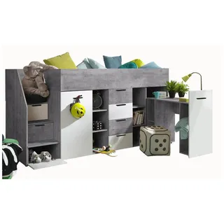 Abiks Möbel Hochbett mit Schreibtisch 90/200 cm , Grau, Weiß , Holz , Nachbildung , 10 Fächer , 4 Schubladen , 90x200 cm , Babymöbel & Kindermöbel, Kinderzimmer & Jugendzimmer, Kinderbetten, Hochbetten