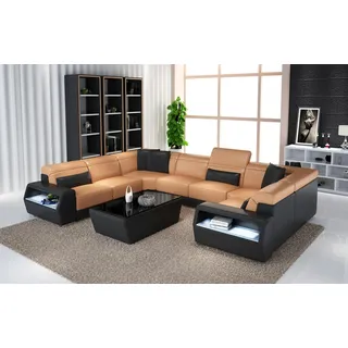 Ecksofa Leder Sofa Couch Polster Eck Sitz Wohnlandschaft Garnitur-U-Form Big xxl - Orange, Schwarz