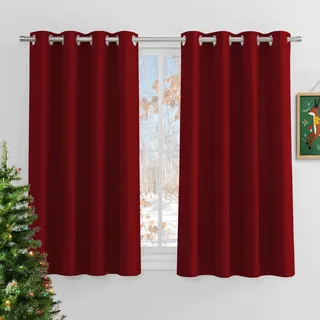 PONY DANCE Verdunkelungsvorhänge Ösen Thermovorhang Kälteschutz Fenster Weihnachten Gardinen Wohnzimmer Kurz 2er Set H 145 x B 140 cm Blackout Thermal Curtains for Bedroom, Rot