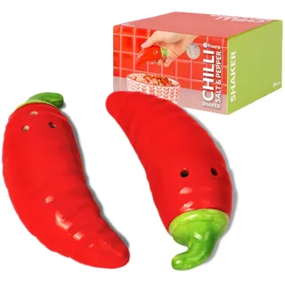Fisura – Keramik-Salz- und Pfefferstreuer „Chili“ im fantasievollen Design. Zweiteiliges Set für die Tischdeko in Form von scharfen Schoten. Maße: 9 x 3 cm