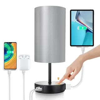 Wondlumi Touch Dimmbar Nachttischlampe mit USB Ladefunktion, Kleine Tischleuchte Schwarz mit Schirm, Modern Tischlampe E27 für Geschenk Schlafzimmer, inkl. 6W Warmweiß LED-Birne