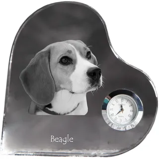 Beagle - Kristalluhr mit einem Hundebild, Herzregal-Uhr, personalisierte Standuhr der Marke Art-Dog - Transparent