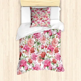 ABAKUHAUS Aquarell-Blumen Bettbezug Set, Viktorianischer Blumenmuster-Malerei-Art-Druck mit Pfingstrosen und Rosen, 135 x 200 cm + 80 x 80 cm, Weiß Rosa Rot - Weiß, Rosa, Rot