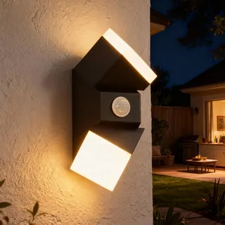 Combuh 12W 960LM Wandleuchte mit Bewegungsmelder Aussen, IP65 Wasserdicht Led Aussenlampe mit Dämmerungssensor, Eingangslampe Schwarz, Haustürlampe Warmweiß 3000K für Hauswand Terrasse, 20 cm