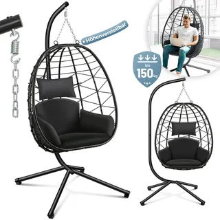 Makika Hängesessel mit Gestell höhenverstellbar aus Polyrattan in Schwarz - Schwarz