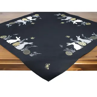 Tischdecke mit Osterhasen und Eiern, Motiv, Mitteldecke, Stickerei zu Ostern, Schwarz-Gold, Modern, 85x85 cm