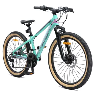 BIKESTAR Kinder Jugend Mountainbike 24 Zoll ab 9 Jahre | 21 Gang Hardtail MTB Sport Scheibenbremse Federgabel | Mint Pink - Türkis, Rosa