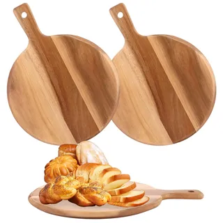 Oungy 2 Stück Schneidebrett Holz mit Griff, Ø30.5cm Pizzateller Holz, Langlebig Pizzabrett Rund aus Holze, Braun Pizza Brett zum Hacken und Servieren von Wurstwaren, Käse, Pizza, Brot