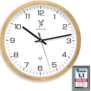 Holzwerk ARNSBURG Natur Funkwanduhr Funk Wanduhr Holz-Uhr Vintage Funkuhr nahezu lautloses Uhrwerk Schleichende Sekunde Buche Braun Weiß aus handgefertigtem Massivholz Natur Holz 30 cm