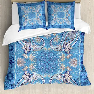 ABAKUHAUS Paisley Bettbezug Set, Klassisches östliches dekoratives Blumenmuster mit stilisiertem Rahmen Druck, 200 x 200 cm + 80 x 80 cm, Navy Blue Sky Blau Weiß