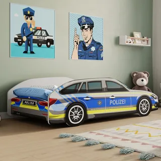 Autobett Kinderbett Jugendbett 70x140 | 80x160 mit Rausfallschutz | 80x160 cm Polizei Polizeiauto Polizist Kinder Spielbett - Blau