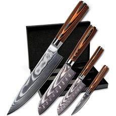 Wolfblood 4er Damastmesser-Set (32, 30, 24 und 20 cm) Profi Damast-Küchenmesser Set aus echtem 67 Lagen Damaststahl I Damastmesser Set aus Chefmesser und Santokumesser mit Klingenschutz & Geschenkbox