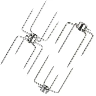 BUYGOO 3 Stück Fleischklammer für Drehspieß, 1 Doppel-Fleischklammer, 2 Vierzinken-Spieße, Fleischnadeln für Grillspieß Edelstahl, für 12 mm Sechseckige, 8–10 mm Quadratische & 13 mm Runde Grillspieße