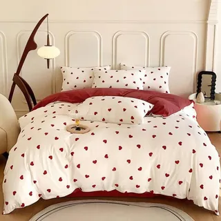 Freyamy Bettwäsche 200x220cm 3teilig Weiß Rot Herz Mädchen Bettwaren-Sets Romantisch Liebe Bettwäsche 100% Microfaser Liebesmotiv Bettbezug mit Reißverschluss und 2 Kissenbezug 80x80cm