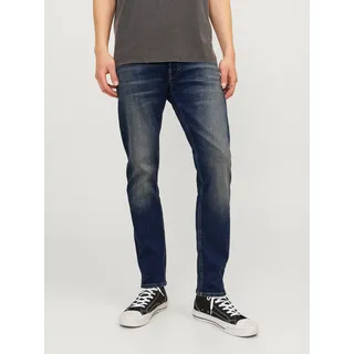 Tapered-fit-Jeans JACK & JONES "JJIMIKE JJORIGINAL CJ SN", Herren, Gr. 31, Länge 34, blau (dunkelblau washed), Denim/Jeans, Obermaterial: 98% Baumwolle, 2% Elasthan, Abriebeffekte, bequem lang, Jeans Tapered-fit-Jeans, mit Five-Pocket-Design