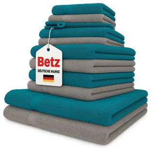 Betz 12-TLG. Handtuch-Set Palermo 100% Baumwolle 2 Liegetücher 4 Handtücher 2 Gästetücher 2 Seiftücher 2 Waschhandschuhe Farbe Petrol und Stone