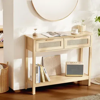 VEVOR Rattan-Konsolentisch Flurtisch mit 2 Schubladen, Rattan-Eingangstisch mit natürlicher Rattan-Schiebetür, Konsolen-Sofatisch für Wohnzimmer, Arbeitszimmer, Eingangsbereich oder Fernsehwand