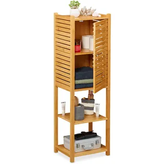 Relaxdays Badregal Bambus, 5 Böden, mit Tür, stehend, Bad & Küche, schmales Badmöbel, HxBxT: 113 x 35 x 29 cm, Natur, 1 Stück