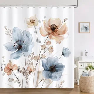 Bonhause Duschvorhang Boho Blumen Blau Rosa Aquarell Pflanze Modern Abstrakt Duschvorhänge 180 x 180 cm Anti-Schimmel Wasserdicht Polyester Stoff Waschbar Bad Vorhäng für Badzimmer mit 12 Haken
