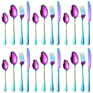 CHUENHEI Besteck Set 6 Personen Regenbogen, 24 Stück Besteckset Regenbogen Edelstahl, Camping Besteckset Bunt Inklusive Löffel, Gabel und Messer, Spülmaschinenfest Metallbesteck
